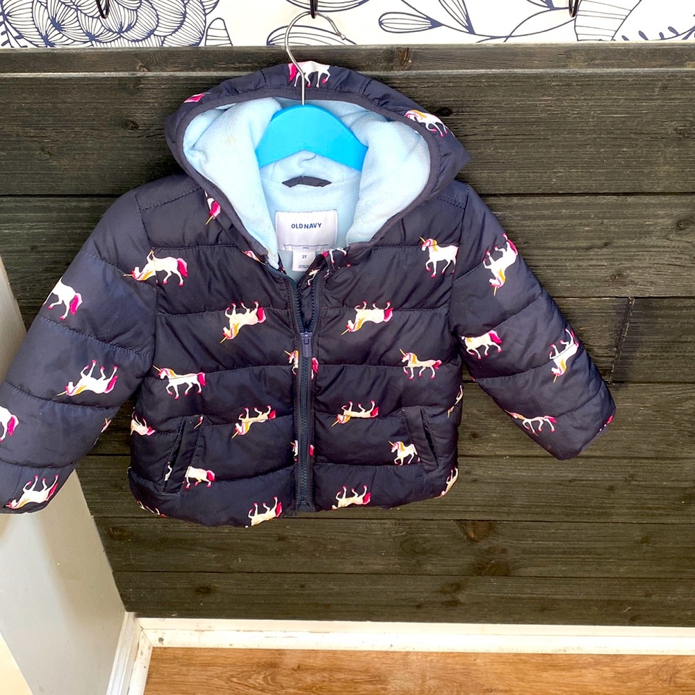 Navy blue fleece lined puffer unicorn jacket